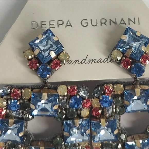 Deepa Gurnani Earrings Chandelier Blue Crytal Beaded Stones Jazlyn Cocktail - Picture 4 of 10